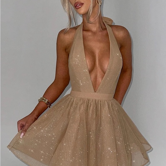 Babyboo Fashion Dresses & Skirts - Glamorous Tan Halter Mini Dress